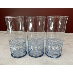 Libbey Blue Tumbler Glasses White Flowers Stripes 16 OZ Set of 3 vtg